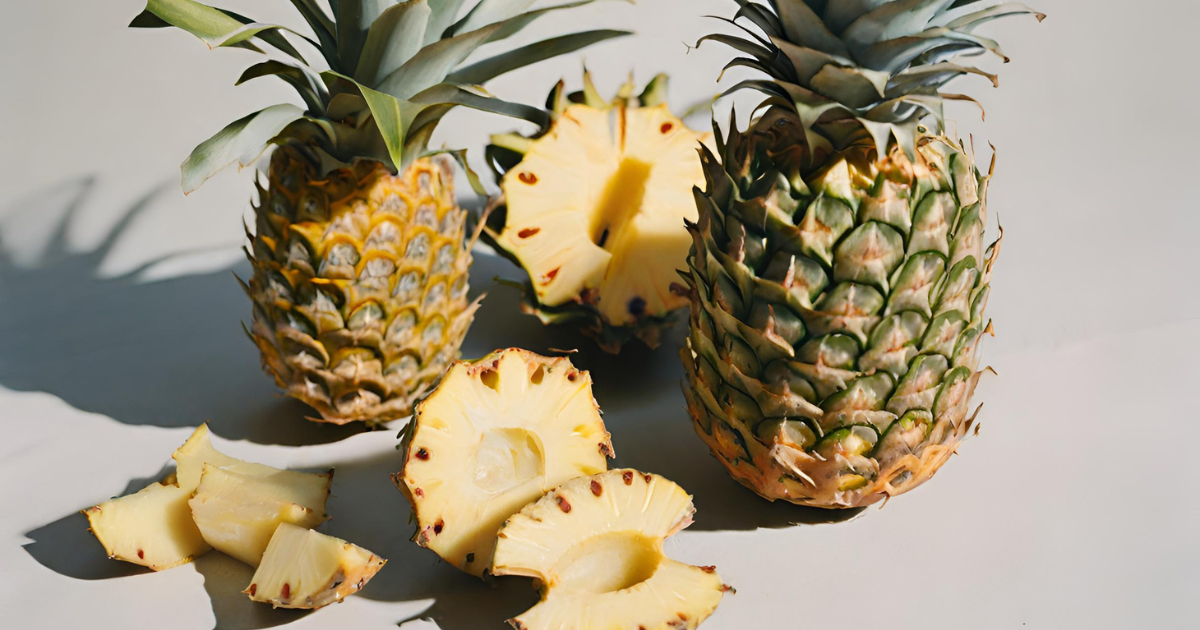 Two pineapples sit on a wooden table.