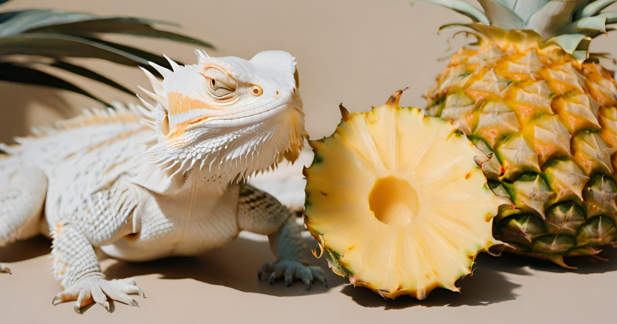 A central bearded dragon with a white body is eating a slice of pineapple.