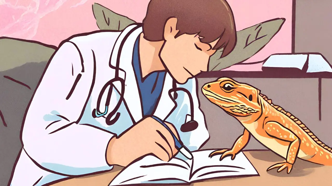 A vet checking on a beaarded dragon