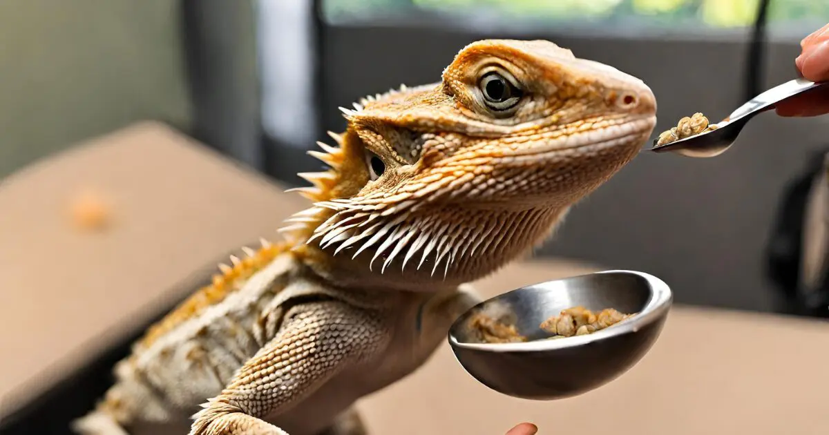 Feeding bearded dragon with spoon