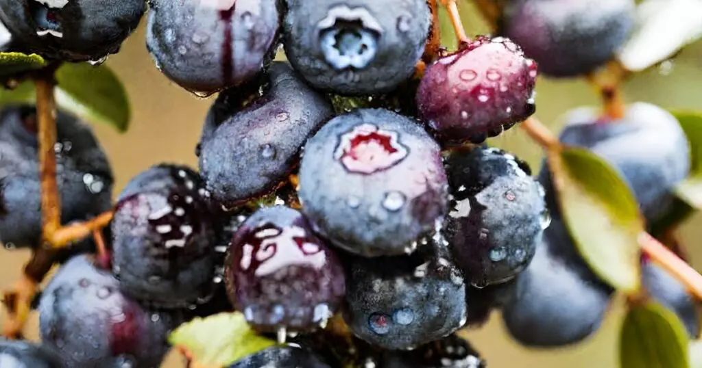 A cluster of ripe blueberries hangs from a green branch.