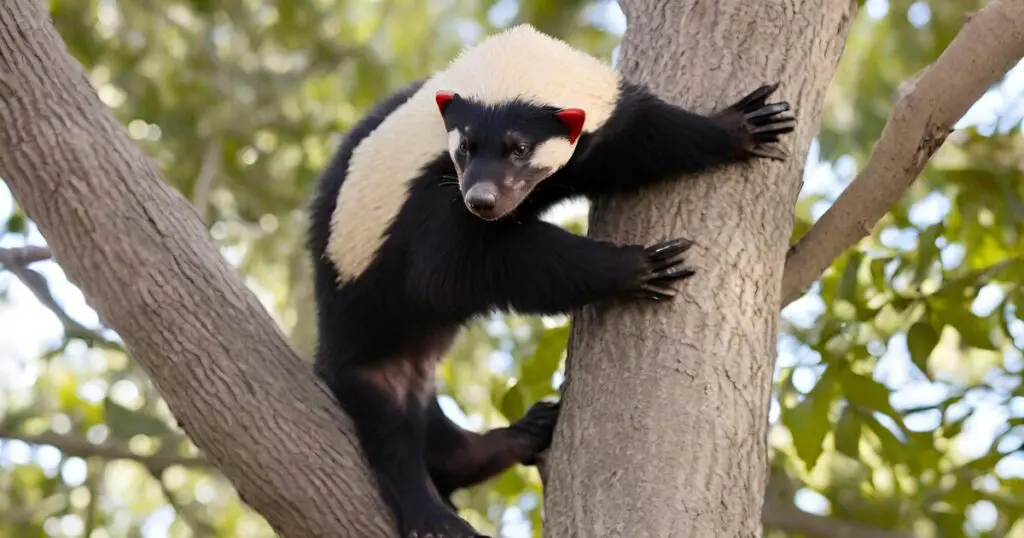 a white and black Honey badger climbing tree