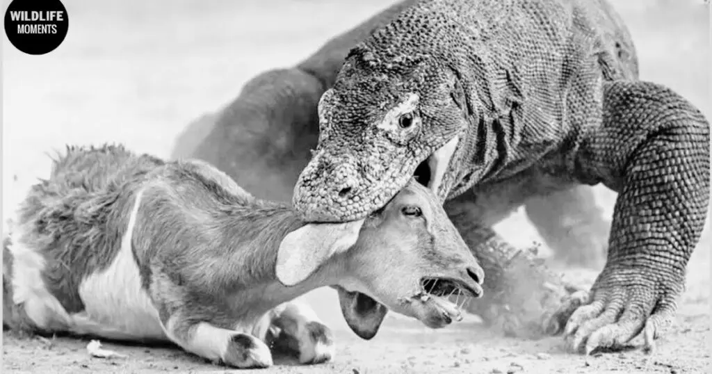 Komodo dragon bites a goat