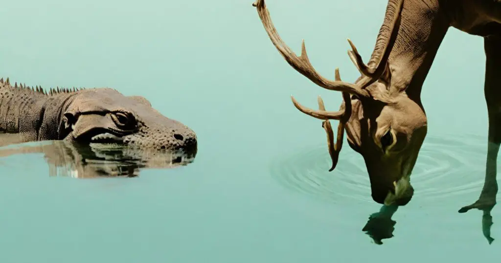 A red deer and a Komodo dragon drinking from a watering hole.