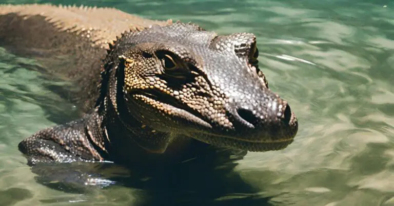 A large Komodo dragons with a long, forked tongue sticking out, swimming in a river.