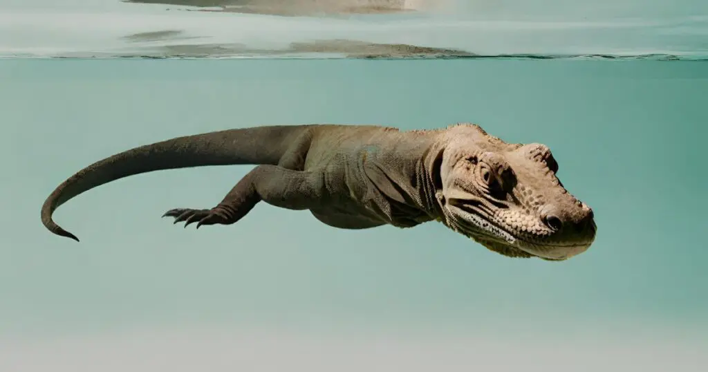 A close-up photo of a Komodo dragon swimming