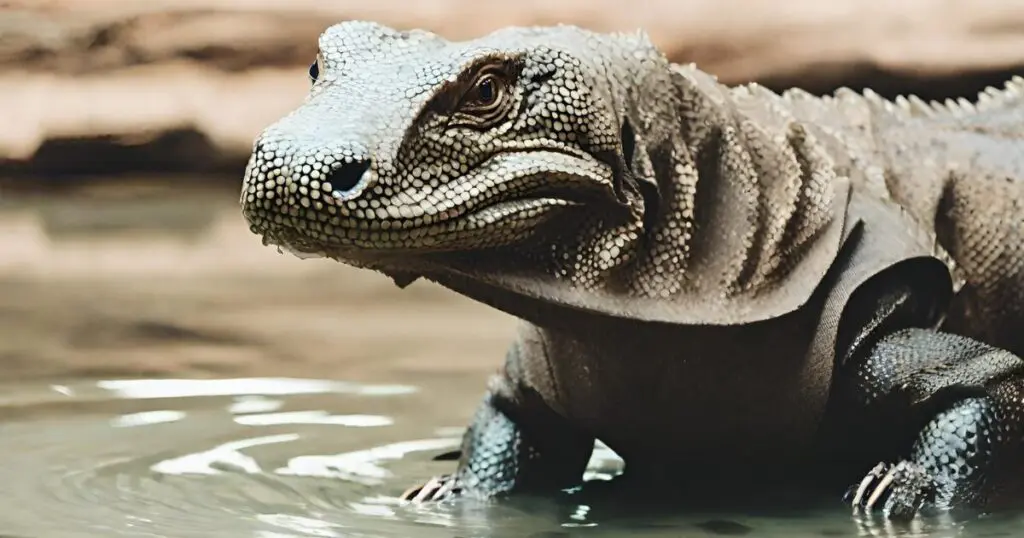 Close-up of a komodo dragon's head and neck emerging from water.