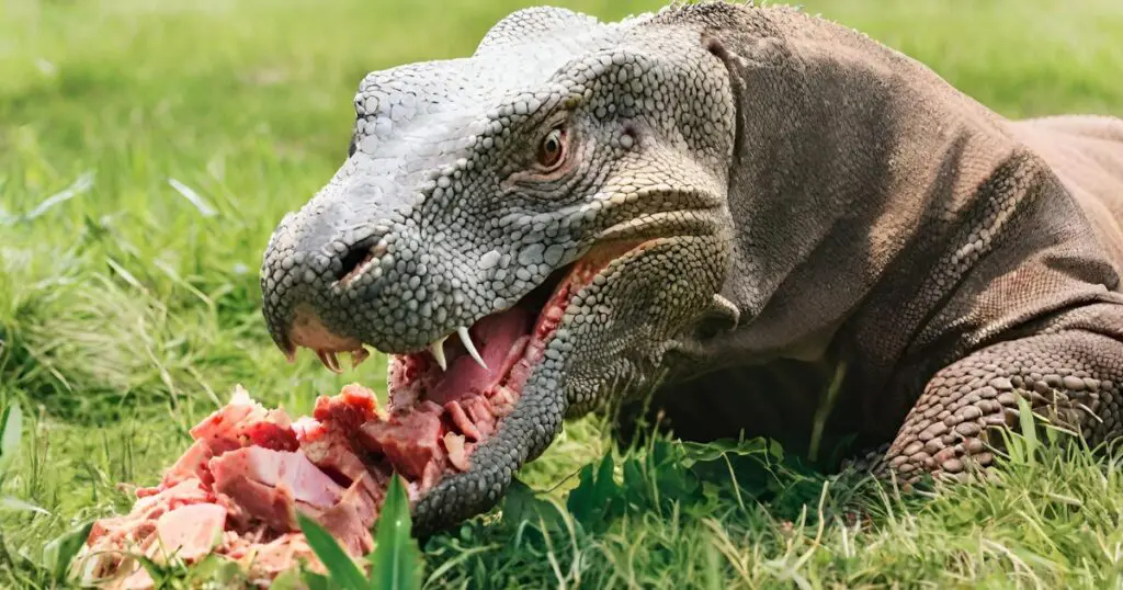 Komodo dragon eating meat in tall grass