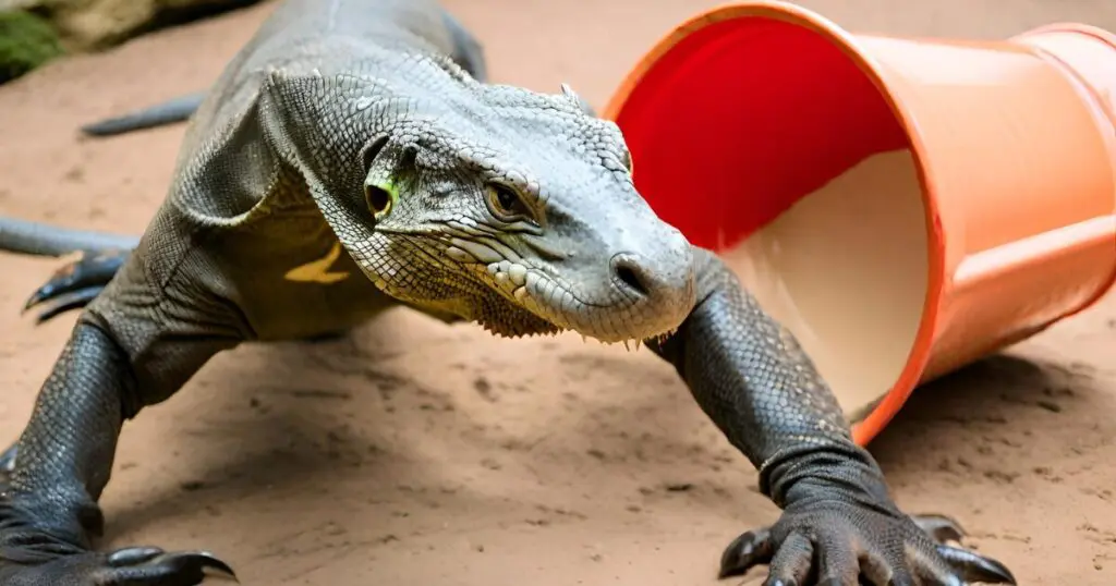 Komodo dragons playing with a bucket