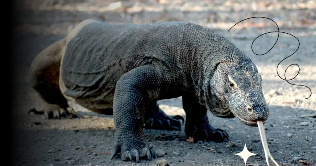 Close-up photo of a Komodo dragon with its tongue sticking out.