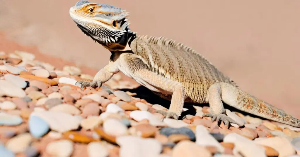 A close-up photo of a central bearded dragon lizard perched on a light brown rock. The bearded dragon is primarily light brown.