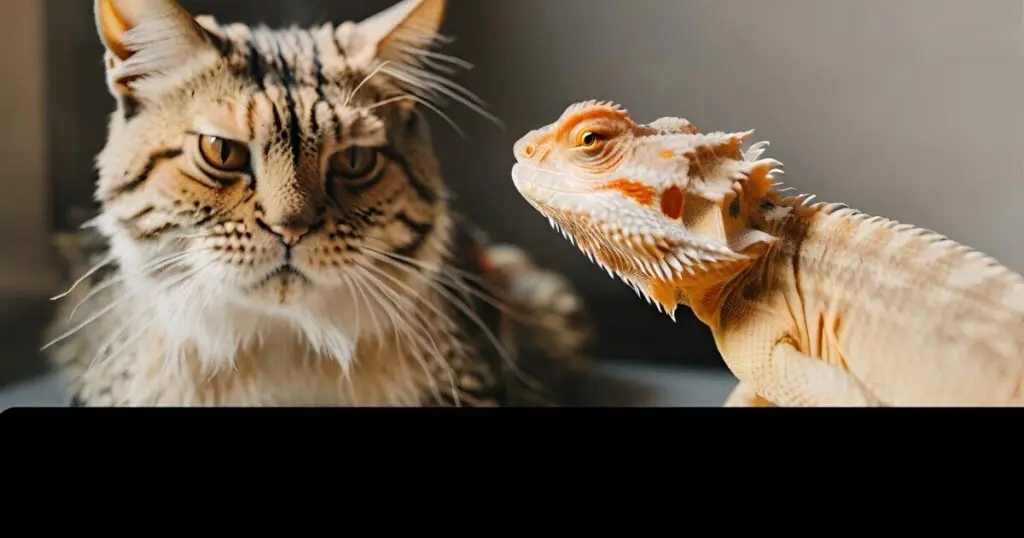 A curious cat and bearded dragon sit side-by-side on a table