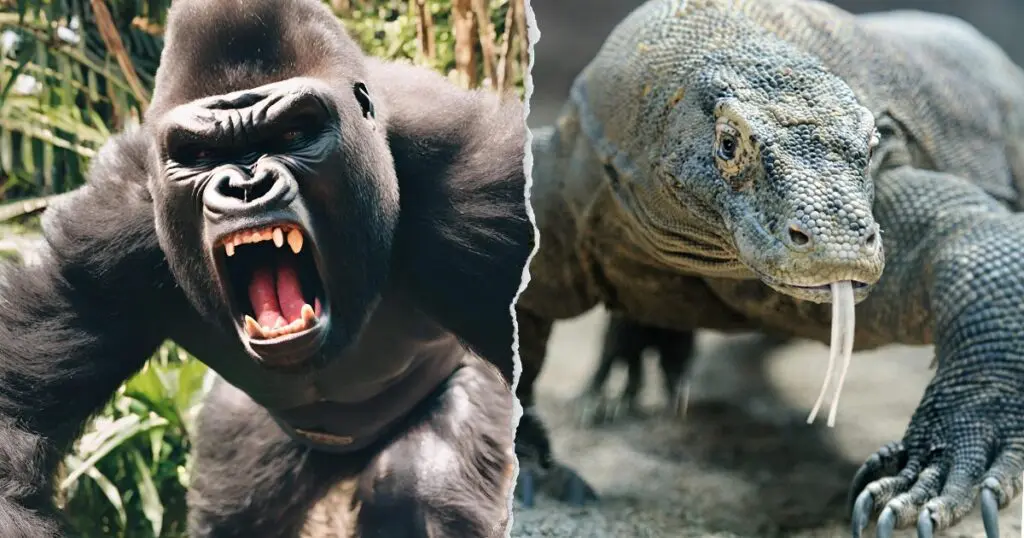 gorilla vs Komodo dragons face off fight