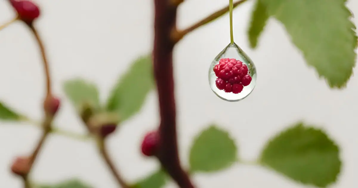 A wet raspberry hanging in tree