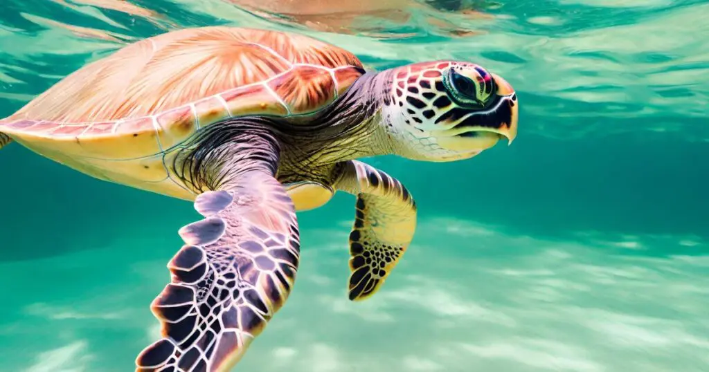 Sea turtle breathing underwater in the ocean