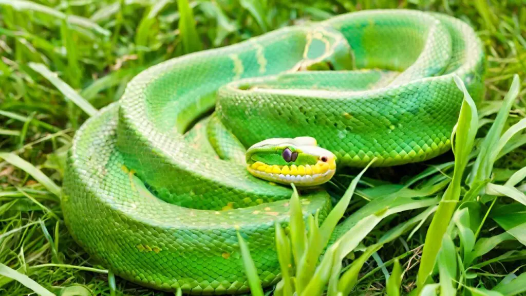 green tree python living on grass