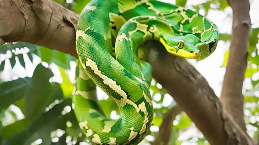 green tree python on a tree